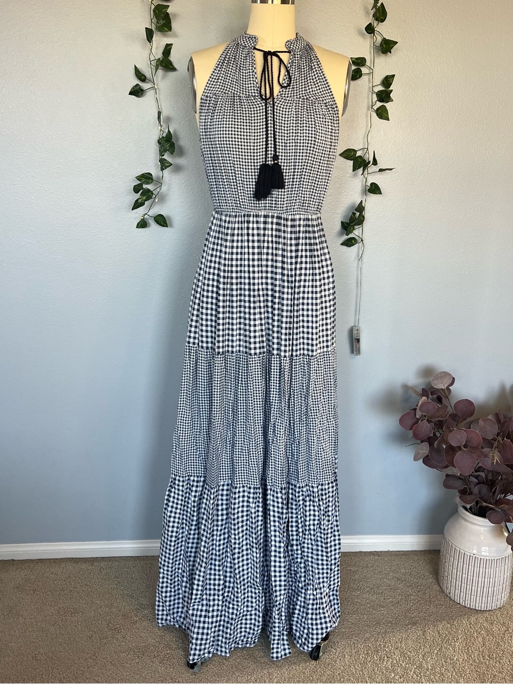 LC Lauren Conrad Navy and White Gingham Halter Maxi Dress